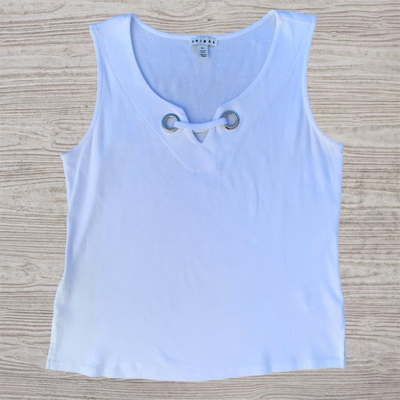 Tribal Tops - Tribal White Grommet Notch V-Neck Key Hole Knit Tank Top ~ Women’s Large